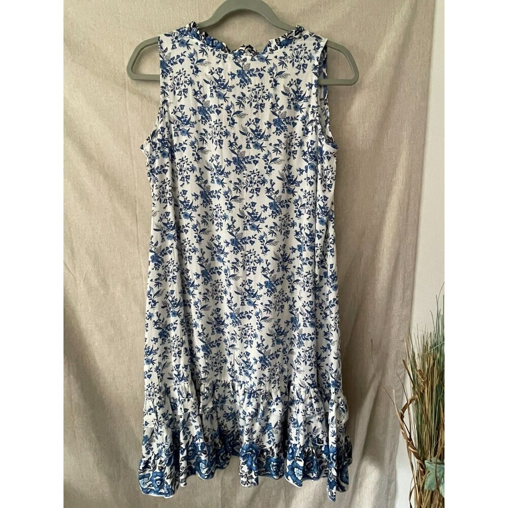 NWT Apparel Love Blue White Floral Ruffle Neck Sleeveless Shift Sundress Small S